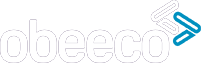 Obeeco logo with stylized lettering, featuring a blue and white geometric design element on the right side, ideal for use in the main footer.