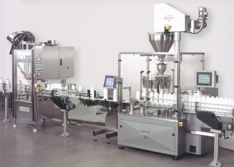 A modern, automated packaging machine positioned on a factory floor, featuring conveyor belts, filling stations, and control panels—a true centerpiece worthy of any main page.