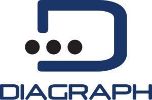 Logo of Diagraph featuring a stylized dark blue "D" with three black ovals inside it, and the text "DIAGRAPH" in dark blue capital letters below.