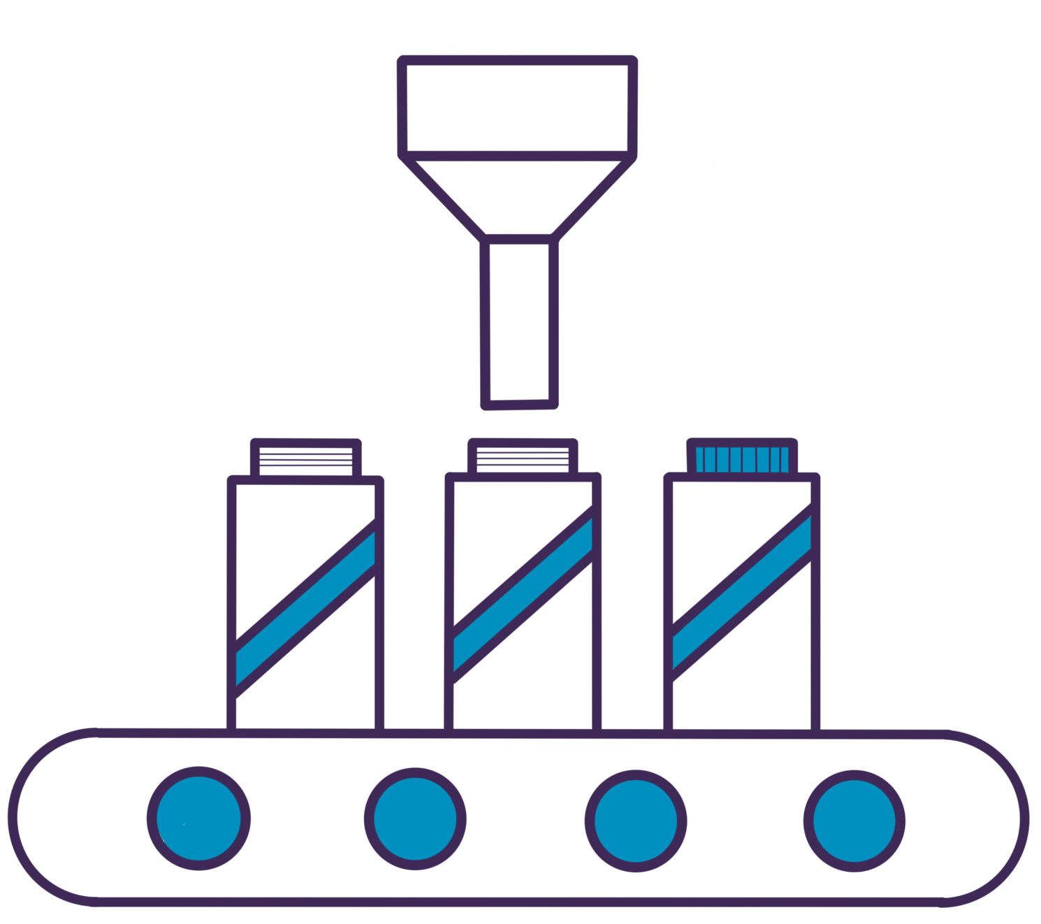Illustration showing bottles on a conveyor belt being filled with liquid through a funnel, reminiscent of an efficient home bottling system.