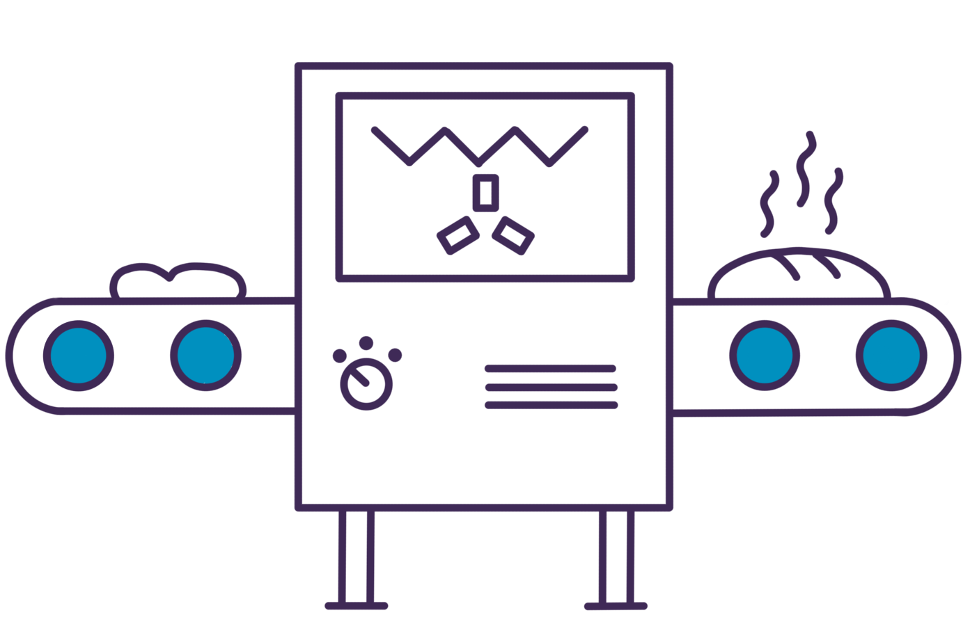 Illustration of a home bread-making machine with dough entering on one side and baked bread coming out on the other.