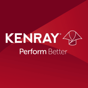 Logo with a dark red background featuring the text "KENRAY Perform Better" and a stylized geometric icon.