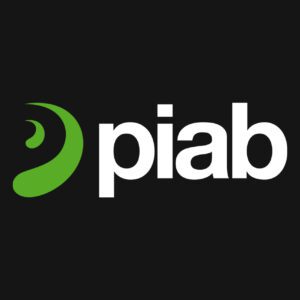 A black background with the logo "piab" in white text. There is a green abstract swoosh shape to the left of the text.