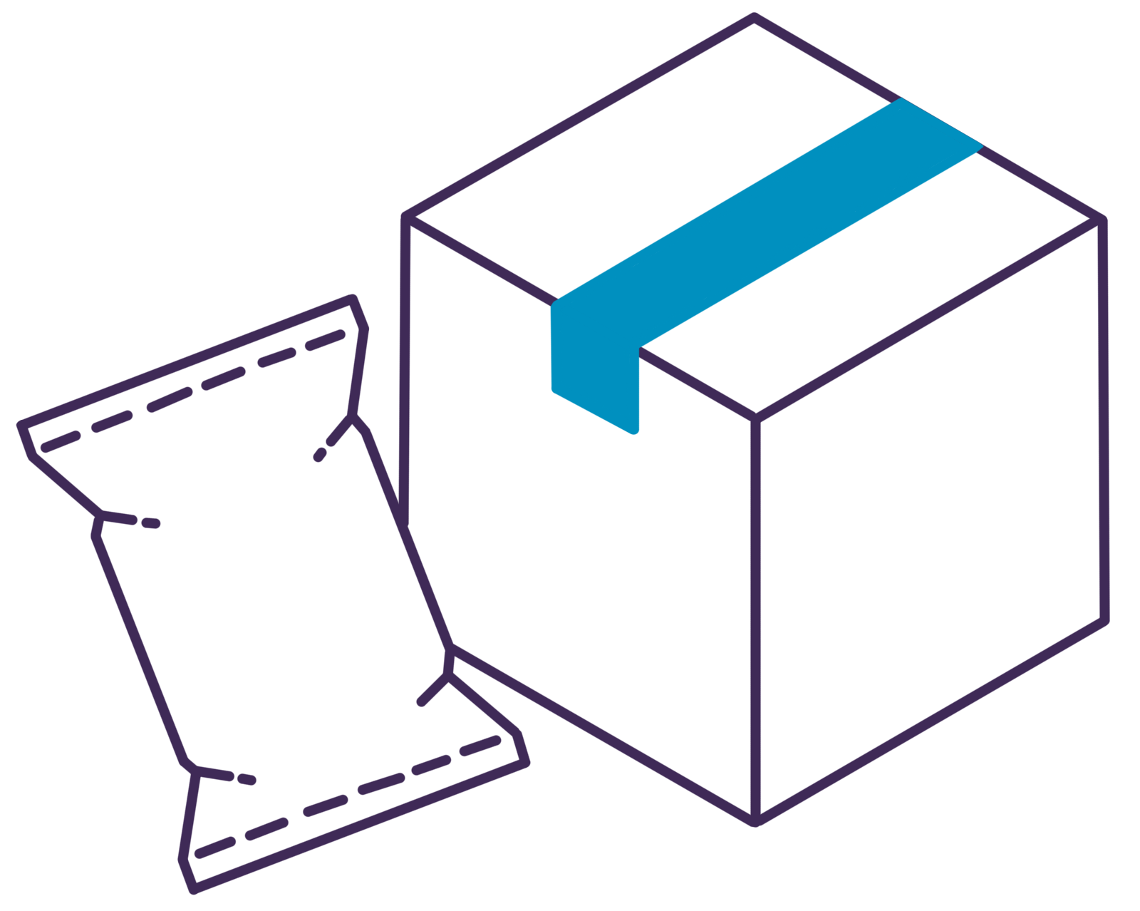 Illustration of a sealed bag next to a home delivery cardboard box with blue tape.