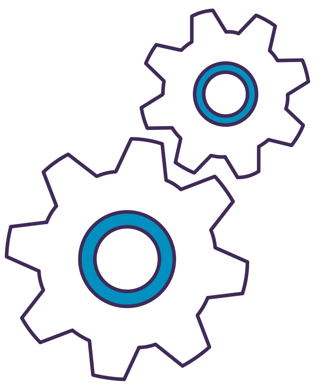 Two interlocking gears, outlined in black with blue centers, are featured. One gear is placed higher than the other, suggesting motion or mechanical interaction—creating a welcoming symbol for your homepage.