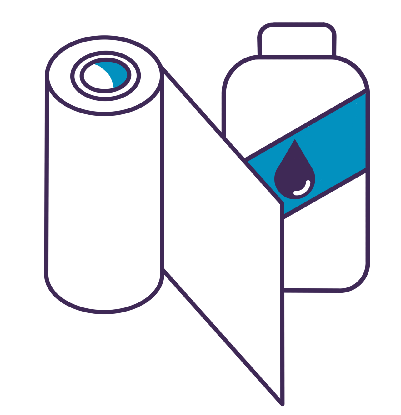 Illustration of a roll of paper next to a bottle with a label featuring a water droplet icon, perfect for home.