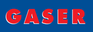 Text "GASER" displayed in bold, large red letters with a subtle white outline, set against a solid blue background.