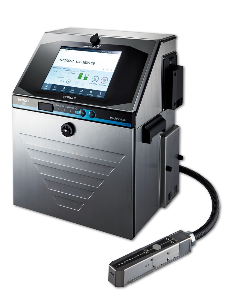 A metallic Hitachi inkjet printer with a touchscreen interface, equipped with a connected printing head via a flexible cable, featuring advanced Continuous Inkjet (CiJ) technology.