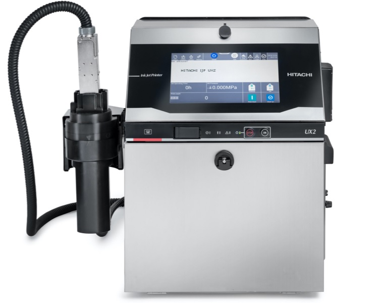A Hitachi industrial printer with a digital screen and various buttons, featuring a hose-like attachment on the left side for CIJ (Continuous Inkjet) printing.