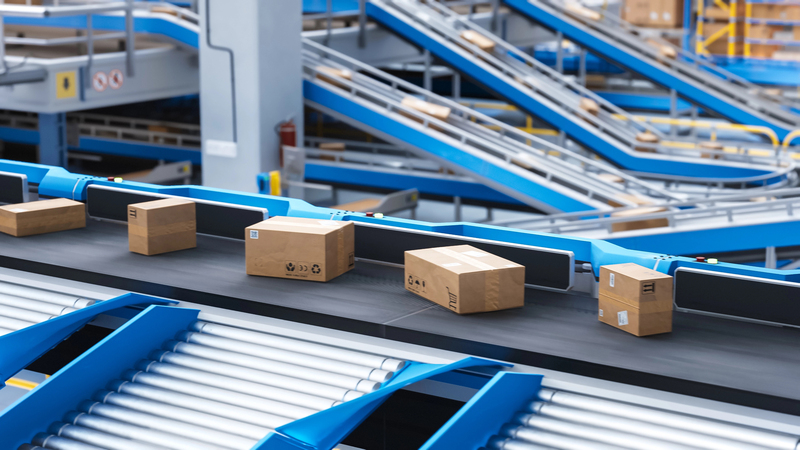 A belt conveyor efficiently transports brown packages through a warehouse equipped with blue machinery and rolling tracks.