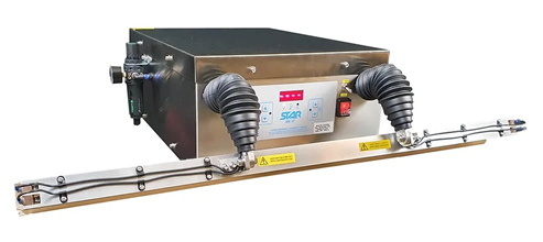 Industrial machine with a control panel, two flexible hoses, and a long metal attachment with caution labels, ideal for specialized processing or manufacturing tasks such as food packaging or commercial heat sealing in Ireland.