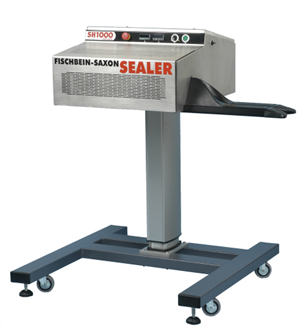 A Fischbein-Saxon SH1000 bag sealer machine with a stainless steel body, control panel, support arm, and four-wheeled base—ideal for food packaging or as a commercial heat sealer in Ireland.