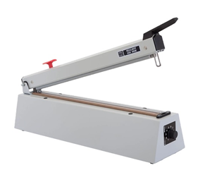 A tabletop heat sealer with a long sealing arm, side control dial, and red safety release button, ideal for food packaging in Ireland. This commercial heat sealer is designed for efficiently sealing plastic bags.