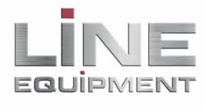 Logo with the words "LINE EQUIPMENT" in metallic letters, featuring a red square above the letter "I" in "LINE" and "EQUIPMENT".