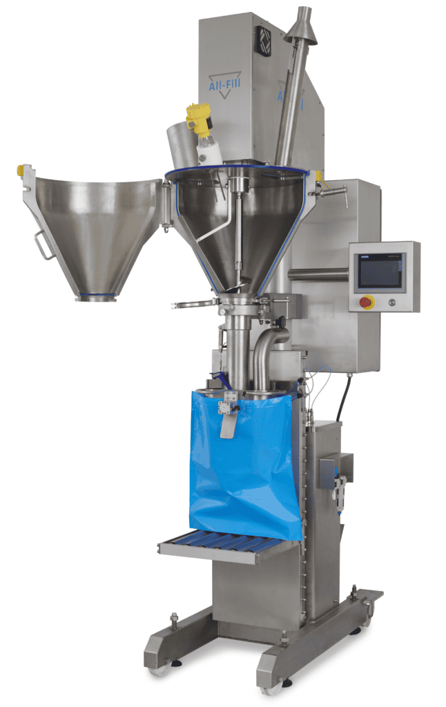 Industrial packaging machine with stainless steel components, a control panel, and powder filling tooling, featuring a blue plastic bag attached for filling.